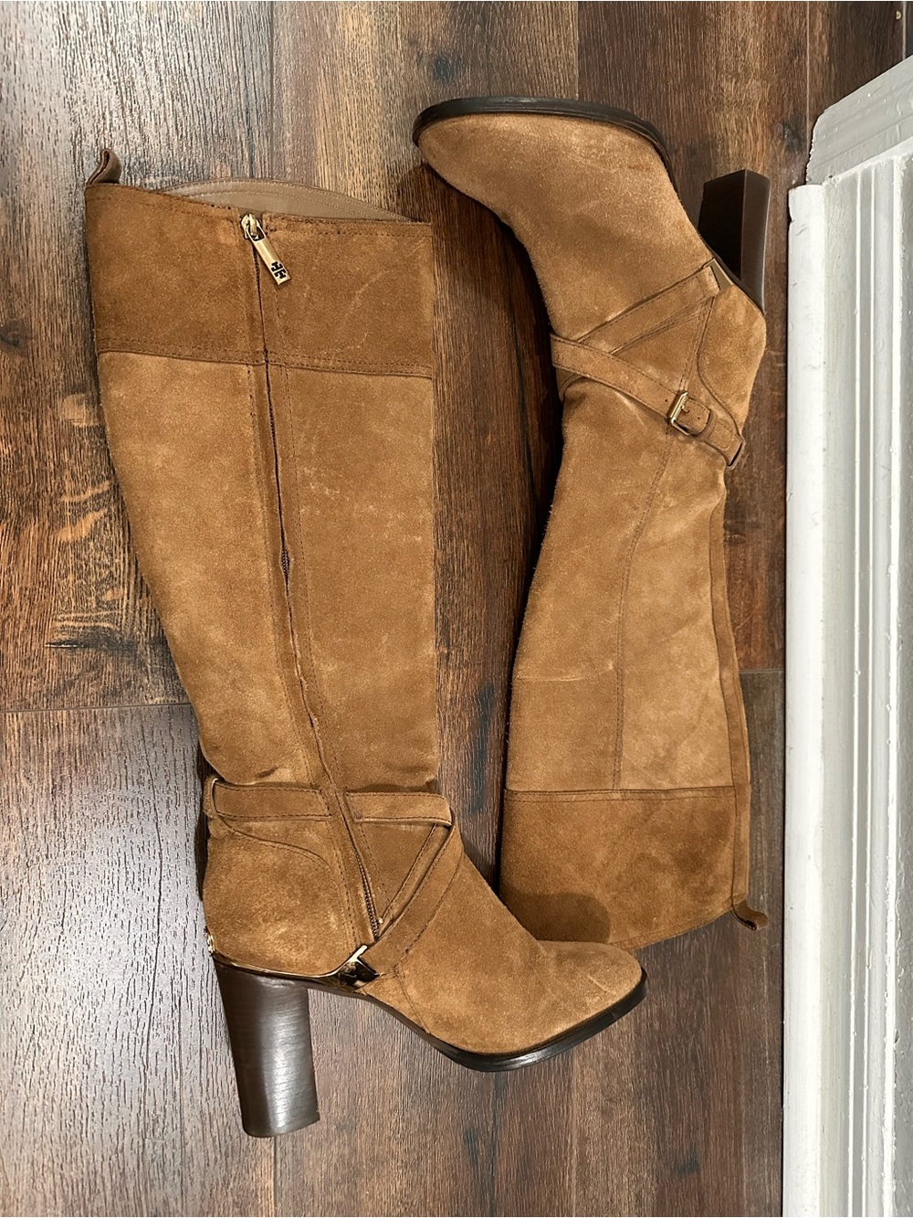 Tory Burch Suede Knee-High Boot with Buckle Detail - Tan 8 1/2